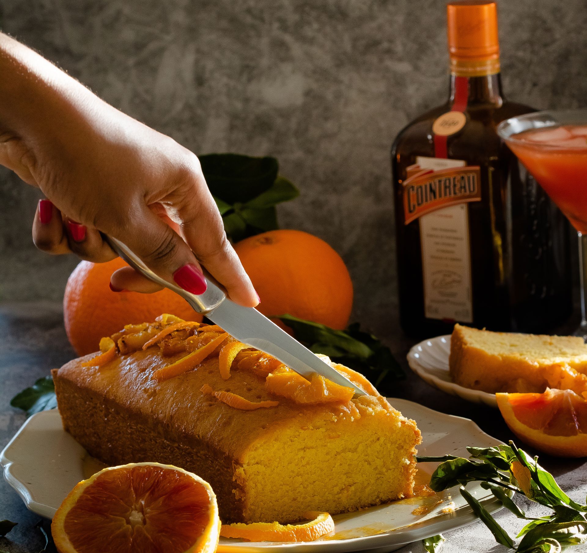 Orange Cake flavored with Cointreau and topped with orange segments